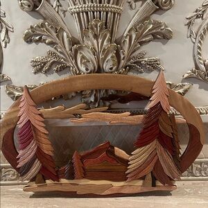 NWT Handcrafted Wooden Intarsia Forest Scene - Warm Wood Tones